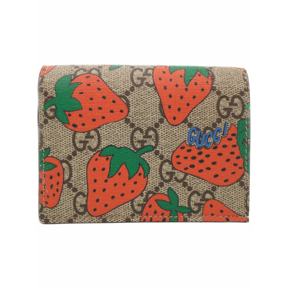Gucci GG Supreme Straw Tanberry Card Bi fold Short Wallet